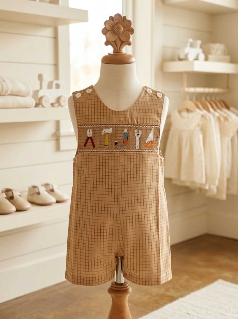 Mom & Me Brown Plaid Smocked Tools Jon Jon – Sizes 3T